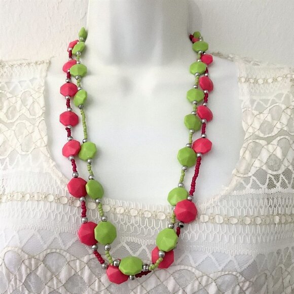 PINK GREEN HEXAGON SHAPE BEADED NECKLACES SET 2 - Picture 4 of 7